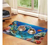 Seabed Coral Fish Dolphins Dog Food Mat, Absorbent Pet Feeding Mat for Food and Water Bowls Non-Slip Placement Pad for Floors Waterproof Quick Dry Water Dispenser Mat for Dogs Puppy Cats 12x18 Inch