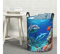 Seabed Coral Fish Dolphins Laundry Hamper with Handles Large Collapsible Laundry Basket Freestanding Waterproof Cloth Hamper Tall Blanket Basket Foldable Washing Bin for Bedroom, Bathroom Small