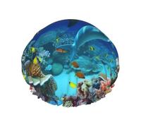 Seabed Coral Fish Dolphins Shower Cap for Women Men Large Reusable Shower Bonnet Double-Layer Waterproof Bath Caps Elastic Band Hair Hat for All Hairstyles, Travel-Friendly