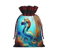 Seabed Coral Seahorse Holiday Printed Drawstring Pouch M, Polyester Holiday Storage Pouch With Tag