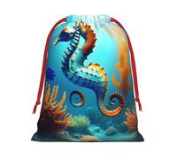 Seabed coral seahorse Print Holiday Drawstring Bag, Treat Pouch Wrap,Reusable Event Favor,Daily Storage Bag S