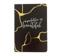 SeaBell Premium A5 Lined Notebook - PU Leather Journal with Elastic Band & Ribbon Bookmark, 200 Thick Cream Pages, Gold Foil Cover, “Imperfection is Beautiful” Quote - Gift for Office, School, Work