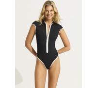 Seafolly Collective Padded Cap Sleeve Zip Up Swimsuit Black