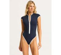 Seafolly Collective Padded Cap Sleeve Zip Up Swimsuit Navy