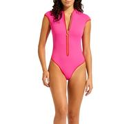 Seafolly Women's Cap Sleeve Zip Front One Piece, Beach Bound Hot Pink/Flame, 10