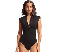 Seafolly Women's Cap Sleeve Zip Front One Piece Swimsuit, Eco Collective Black, 8