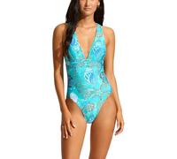 Seafolly Womens Deep V Wide Strap One Piece Swimsuit, La Mer Aquatic Blue, 12