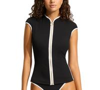 Seafolly Women's Short Cap Sleeve Zip Front Rashguard with Removable Cups, Beach Bound Black, Large
