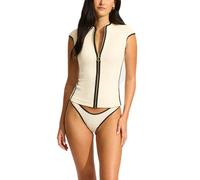 Seafolly Women's Short Cap Sleeve Zip Front Rashguard with Removable Cups, Beach Bound Ecru, XS