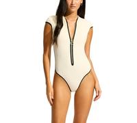 Seafolly Women's Cap Sleeve Zip Front One Piece Swimsuit Swimwear Cover Up, Beach Bound Ecru, 14