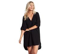 Seafolly Women's V Neck Cover Up Dress with Roll Sleeves Swimwear, Beach Edit Black, Medium