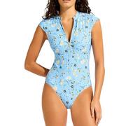 Seafolly Women's Zip Front One Piece Swimsuit, Modern Romance Powder Blue, 14