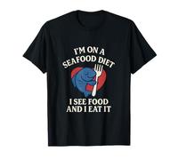 Seafood Diet Meme Food Humor Retro Diner Font Fish Fork T-Shirt