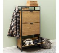 Seaford Shoe Cabinet - Flip Down - 3 Door - Oak and Black Metal