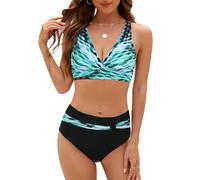 SEAFORM Womens Two Piece Swimsuits Wrap Front Bikini High Waisted Bottom Tummy Control Bathing Suits Vintage Print Swimwear, Geometry, XXL