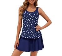 SEAFORM Women's Two-Piece Tankini Swimsuits Tummy Control Bathing Suits False Two-Piece Tankini Top with Swim Dress for Women, Navy Blue Polka Dot, Medium