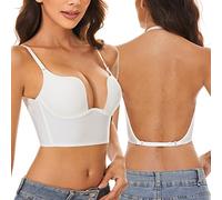 seagallery Womens Low Back Bra Wire Lifting Deep U Shaped Plunge Backless Bra with Convertible Clear Straps
