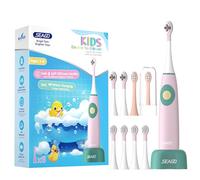 Seago Electric Toothbrush for Kids Aged 5-8, 8 Brush Heads in 2 Sizes for Growing Teeth, 70-Day Battery with Charging Station, BPA-Free Food-Grade Silicone Grip, 2-Min Timer, IPX7 Waterproof, Pink