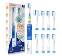 Seago Kids Electric Toothbrush 3-12, Childrens Battery Toothbrush with Colorful Lights, 2 Mins Timer, 8 Brush Heads, 4 Modes, for Junior, Boys and Girls, Giraffe Print, SG-977(Blue)