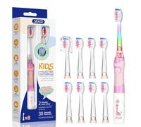 Seago Kids Electric Toothbrush 3-5-6-12 Toddler Childrens Toothbrushes with Timer,Colorful Rainbow LED Light and 4 Heads for Junior Boys Girls Battery-Powered Sonic Tooth Brush SG977 (Pink8)