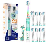 Seago Kids Electric Toothbrush 3-5-6-12 Toddler Childrens Toothbrushes with Timer,Colorful Rainbow LED Light and 4 Heads for Junior Boys Girls Battery-Powered Sonic Tooth Brush SG977 (Green-8)