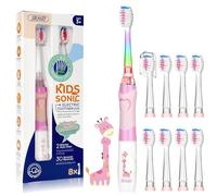 Seago Kids Electric Toothbrush 3-5-6-12 Toddler Childrens Toothbrushes with Timer,Colorful Rainbow LED Light and 4 Heads for Junior Boys Girls Battery-Powered Sonic Tooth Brush SG977 (Pink-8)
