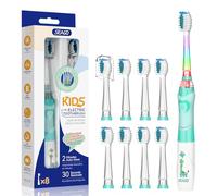 Seago Kids Electric Toothbrush 3-5-6-12 Toddler Childrens Toothbrushes with Timer,Colorful Rainbow LED Light and 4 Heads for Junior Boys Girls Battery-Powered Sonic Tooth Brush SG977 (Green8)