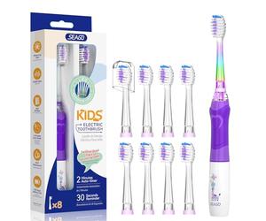 Seago Kids Electric Toothbrush 3-5-6-12 Toddler Childrens Toothbrushes with Timer,Colorful Rainbow LED Light and 4 Heads for Junior Boys Girls Battery-Powered Sonic Tooth Brush SG977 (Purple8)