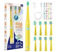 Seago Kids Electric Toothbrush 3 5 6 8 9 10 12, Childrens Rechargeable Battery Toothbrushes with Funny DIY Stickers, 2 Mins Timer, 8 Replacement Brush Heads, for Boys Girls Teenagers, SG2303(Yellow)