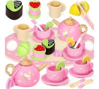 Seagoal Wooden Tea Set for Toddlers, Kids Tea Set Toys for 3 4 5 Year Old Girls Gifts, Montessori Wooden Toddler Toys, Kids Tea Party Set with Play Dessert Tray Teapot