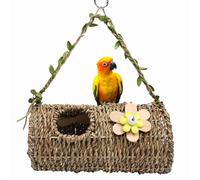 Seagrass Bird House with Holes, Lovely Parrot Tent with Tunnel and Flower Decor, Sea Grass Natural Bird Snuggle Nest Hut Toy, Hanging Hammock Swing for Budgie Hamster Lovebird