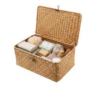Seagrass Storage Basket with Lid, Handwoven Wicker Storage Box for Shelves, Small Woven Organizer Basket for Bathroom, Bedroom, Living Room, Kitchen & Desktop (Medium size)