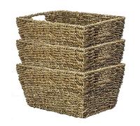 Seagrass Storage Baskets - Set of 3 Hand-Woven Hampers with Handles | Natural Nesting Baskets for Bathroom Shelves, Bedroom & Home Office | M&W