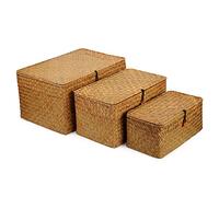 Seagrass Storage Baskets with Lid Natural Rattan Woven Rectangular Organizer Box Set of 3 (Large+Medium+Small)