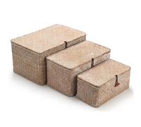 Seagrass Storage Baskets with Lid Natural Rattan Woven Rectangular Organizer Box Set of 3 (Whitewash Large+Medium+Small)