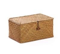 Seagrass Storage Baskets with Lid Natural Rattan Woven Rectangular Organizer Box (Small 26cmx14cmx11cm H)