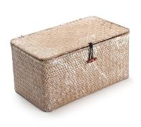 Seagrass Storage Baskets with Lid Natural Rattan Woven Rectangular Organizer Box (Whitewash Medium 30cmx18cmx15cm H)