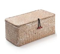 Seagrass Storage Baskets with Lid Natural Rattan Woven Rectangular Organizer Box (Whitewash Small 26cmx14cmx11cm H)