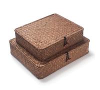 Seagrass Storage Box with Lids Rectangular Organization Wicker Shelf Baskets Natural Woven Stackable Set of 2 (Large+Small) (Coffee)