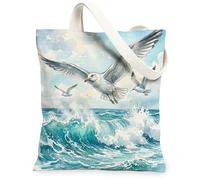 Seagull Bird Canvas Tote Bag for Shopping 13 * 15, Cool Sea Ocean Waves Scenery Reusable Grocery Bag for Women, Animal Travel Pattern Gift Decoration