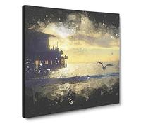 Seagull By The Pier Paint Splash Canvas Print | Gallery Wrapped 30mm Frame Wall Art | 20x20 inches | Ready to Hang | Modern Beach Picture | Living Room Bedroom Lounge Office