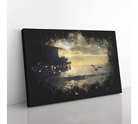 Seagull By The Pier Paint Splash Modern Art Canvas Wall Art Print Ready to Hang, Framed Picture for Living Room Bedroom Home Office Décor, 50x35 cm (20x14 Inch)