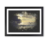 Seagull By The Pier Paint Splash Modern Art Framed Print | A2 Black Framed Wall Art | Ready to Hang | Modern Animal Picture | Living Room Bedroom Lounge Office