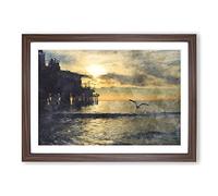 Seagull by The Pier Painting Framed Print | A2 Walnut Framed Wall Art | Ready to Hang | Modern Animal Picture | Living Room Bedroom Lounge Office