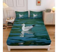Seagull Double Fitted Sheet Dark Green 3D Printed Bedding Double Bed Set Soft Microfibre Fitted Sheet Deep Pocket 12-inch, Bed Cover 135x190x30cm with 2 Pillowcase sd1874