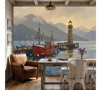 Seagull fishing boat 3D Not Self-Adhesive Wall Murals Wallpaper,Realistic style natural architecture Photo Large Poster Wall Paper for Kids Bedroom Living Room Home Decor(137.8"H x 100"W)