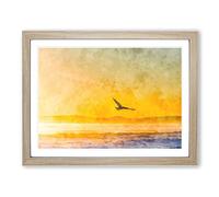 Seagull Flying Over The Beach Painting Modern Art Framed Print | A2 Oak Framed Wall Art | Ready to Hang | Modern Animal Picture | Living Room Bedroom Lounge Office