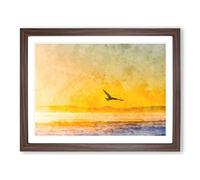Seagull Flying Over The Beach Painting Modern Art Framed Print | A2 Walnut Framed Wall Art | Ready to Hang | Modern Animal Picture | Living Room Bedroom Lounge Office