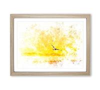 Seagull Flying Over The Beach Watercolour Modern Framed Print | A2 Oak Framed Wall Art | Ready to Hang | Modern Animal Picture | Living Room Bedroom Lounge Office