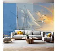 Seagull Panoramic Mural Wallpaper 390 x 260 cm Sailing Boat Under The Rainbow Wall Mural Non-Woven Art Print Wallpaper Living Room Bedroom Sofa TV Backdrop Decoration Poster Picture Photo